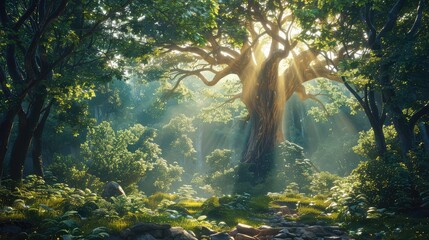 Depict ancient forests and towering trees as symbols of strength, resilience, and the power of nature to regenerate