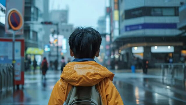 Rainy day at Akihabara, Tokyo, Japan. Back view of a young man in yellow raincoat looking at the street.