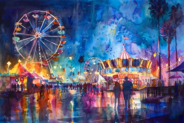 Watercolor painting of Carnival at night with a bustling crowd colorful toys and a fun atmosphere