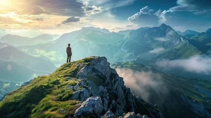 Foto op Aluminium A solitary individual stands on the edge of a cliff, overlooking a breathtaking mountain landscape bathed in the soft, golden light of the setting sun. The sky above is a dramatic canvas of clouds wit © Jesse