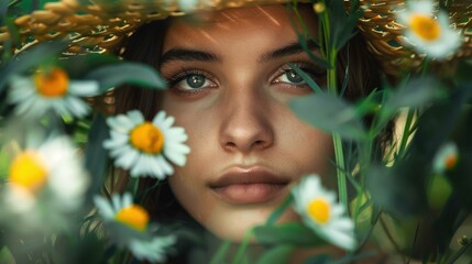 The close-up image captures a person peeking through a floral foreground, with the focus on their face and a straw hat adorning their head. The individual has clear and expressive eyes, framed with na