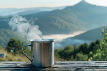 Foto op Plexiglas Close-up of touristic mug with hot tea on a wooden table with the view of the mountains © Aleksandr Bryliaev