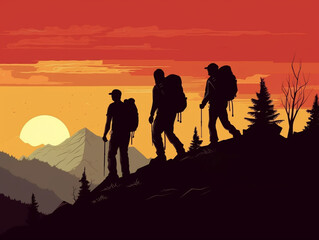 Silhouette of a group of hikers climbing a mountain with a beautiful view of the mountains as a background.