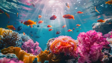 Fototapeta na wymiar An underwater scene vibrant with life, showing a bustling coral reef teeming with tropical fish. The colors are vivid, featuring an array of red and orange fish swimming among yellow and pink coral fo