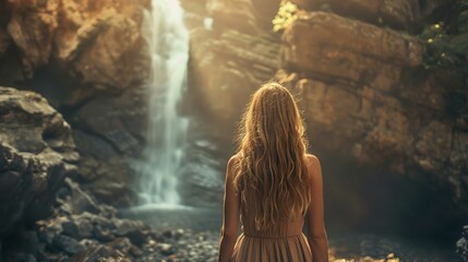 A woman with long, wavy blonde hair is standing in the foreground facing away from the camera, contemplating a waterfall surrounded by rugged cliffs. The sunlight filters through the mist generated by - obrazy, fototapety, plakaty