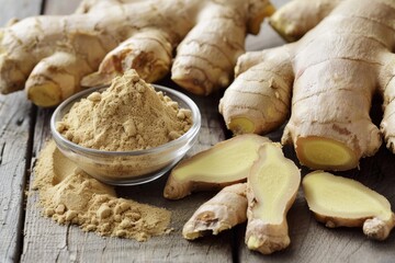 Fresh ginger root and ground ginger on wooden background