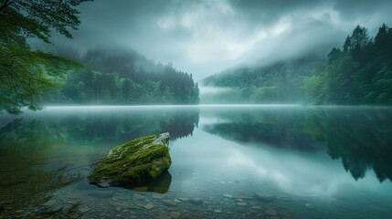 A serene, misty lake scene with dense forest reflecting on the calm water surface. A large rock overgrown with moss protrudes into the lake at the forefront, while the transparent water reveals stones