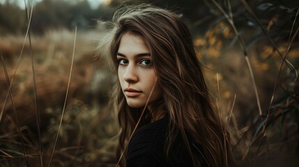 A young woman with long brown hair is turned slightly with her face in profile while looking at the camera. Her hair is tousled by the wind, and her expression is neutral. She wears a black knitted ga - obrazy, fototapety, plakaty