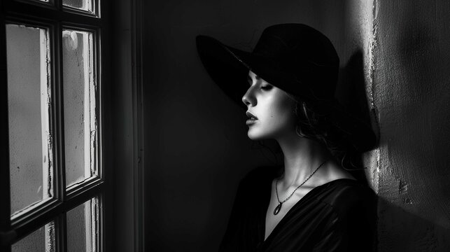 A black and white photograph captures a profile view of a woman looking downwards. She is wearing a wide-brimmed hat that casts a shadow over her eyes, enhancing the contour of her nose, lips, and chi
