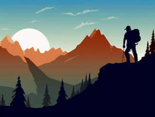 Silhouette of a group of hikers climbing a mountain with a beautiful view of the mountains as a background. - obrazy, fototapety, plakaty