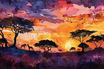 Watercolor painting depicting the African savannah at sunset. with silhouettes of various wild animals and the vast sky full of colors