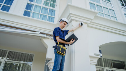 A technician sets up a CCTV camera on the facade of a residential building.