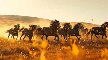 Energetic Wild Horses Running in Golden Meadow - Dynamic Shot