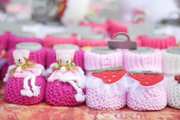 colorful Knitted shoes for an infant. 