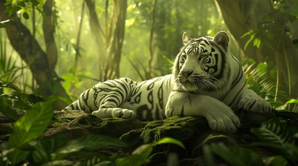 Royal White Tiger Lounging in Enchanting Jungle Scene