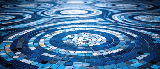 A circular arrangement of blue and white tiles creates an intriguing geometric pattern. The tiles are neatly aligned, forming a seamless design that is visually striking and precise. The contrast