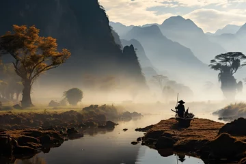 Crédence de cuisine en verre imprimé Guilin Silhouetted Fisherman in Misty Mountainous River. 