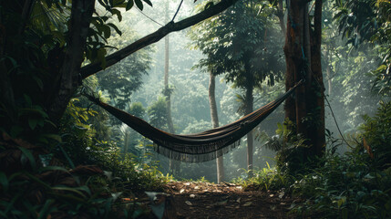 A hammock blends into a stunning, foggy jungle scene evoking a sense of adventure and mystery
