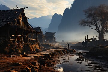 Fototapeta premium Rustic Mountain Village at Dawn with Mist. 