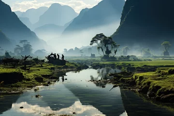 Papier Peint photo Lavable Guilin Morning Activity in a Mystical Misty Valley. 