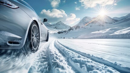 One or two cars were speeding down the piste and the sun was shining brightly. - obrazy, fototapety, plakaty