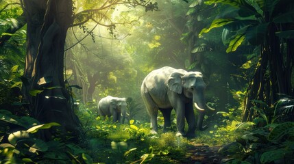 Tropical rainforest with big trees and two white elephants