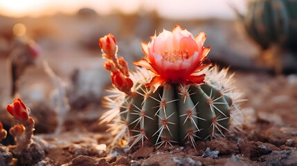 Aproximação de uma flor de cacto no nascer do sol ou pôr do sol no deserto
 - obrazy, fototapety, plakaty