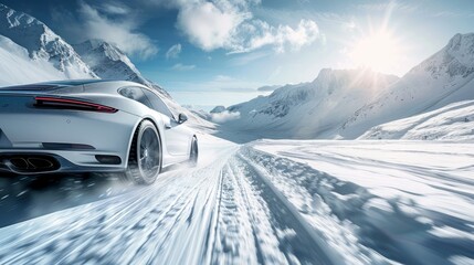 One or two cars were speeding down the piste and the sun was shining brightly.