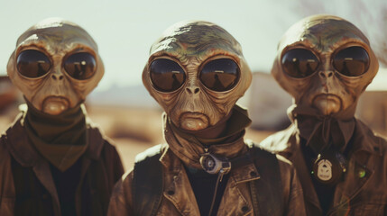 Three aliens stand in a desert. They are wearing military uniforms and appear to be in a serious or tense mood
