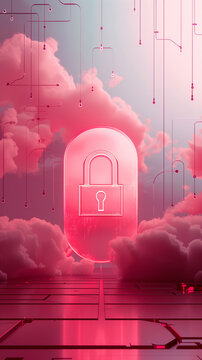 Cybersecurity Concept with Neon Padlock in Cloudscape