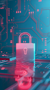 Cybersecurity Concept with Neon Padlock in Against Blue Circuit board