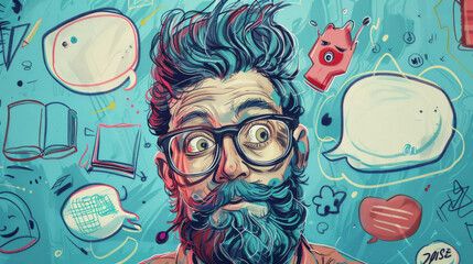 A man with glasses and a beard is looking at a wall with many different shapes