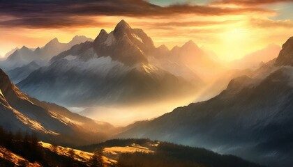 A serene mountain landscape bathed in the warm glow of a setting sun - Powered by Adobe