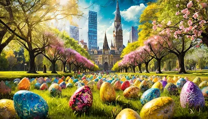 Dekokissen Easter eggs in a beautifully landscaped city park, with famous landmarks © Nandu Katangaza