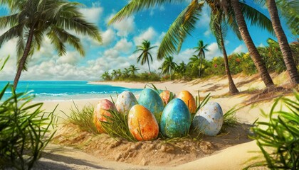  Easter eggs hidden in the sand, around palm trees, and near the shoreline - obrazy, fototapety, plakaty