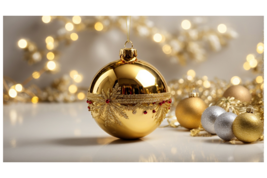 Golden Holiday: The Essence of Christmas Cheer, Festive Radiance: Ornaments in Golden Light, Glimmering Celebration: The Sparkle of Holiday Spirit,  Generative AI
