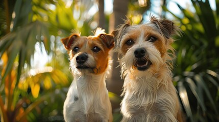 Two dogs sitting together in a coconut grove Cute terriers and retrievers on a hot summer day