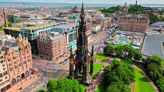 Aerial view of Spirelike Victorian Scott Monument in Edinburgh, Scotland. Gothic monument built in honour of the Scottish writer, 200 feet Tower in Princess Street Gardens, Edinburgh, Scotland.
