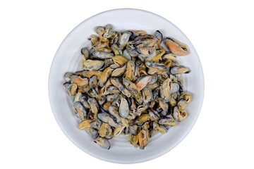Fresh asian green mussel (Perna viridis) meat on a white plate over white background. Clams on the serving plate. Rustic style. Banner with space for text