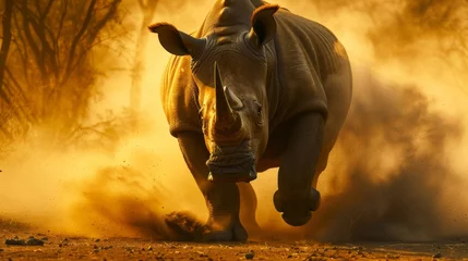 Zelfklevend Fotobehang Dominant Rhino in Action on African Savannah © AnimalAI