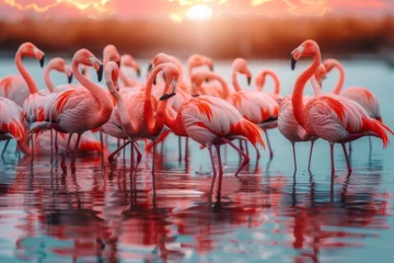 Fotobehang A flock of flamingos at sunset. Their pink color is reflected in the calm waters. © wpw