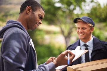 Courier, men and customer signature for a delivery, clipboard and product with industry and box. People, service and employee with client and document with shipping and post with paperwork and stock