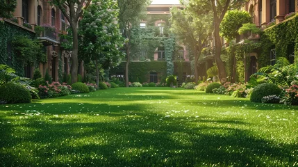 Fototapeten Lawn of Luxury, Capture a manicured lawn with elegant decorations, highlighting the beauty of well-maintained green spaces in urban environments © Pornfa