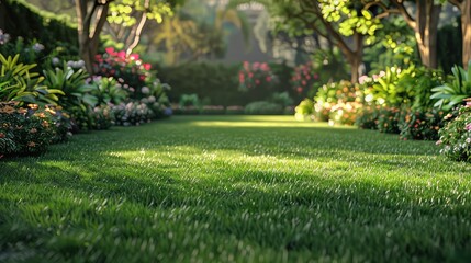 Lawn of Luxury, Capture a manicured lawn with elegant decorations, highlighting the beauty of well-maintained green spaces in urban environments
