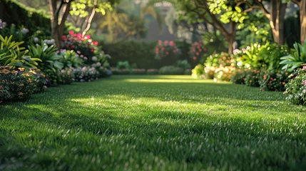Fotobehang Lawn of Luxury, Capture a manicured lawn with elegant decorations, highlighting the beauty of well-maintained green spaces in urban environments © Pornfa