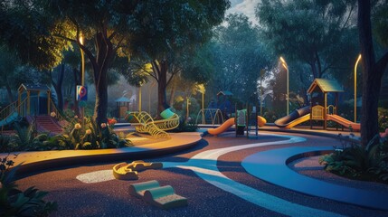 Inclusive Playground Design A playground designed for children of all abilities, featuring adaptive equipment, tactile play areas, and accessible paths, set in a vibrant community park. 8k - obrazy, fototapety, plakaty