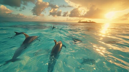 Turquoise Waters at Sunset with Playful Dolphins
