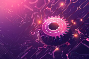Fototapeta premium Vector gear wheel, octagon and circuit board, high tech digital technology and engineering, light purple background