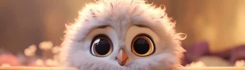 An endearing animated baby owl gazes with its large, captivating eyes, exuding innocence and wonder.