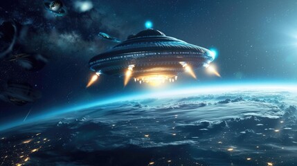 Glowing extraterrestrial aliens spaceship hits blue planet in deep space, space war.